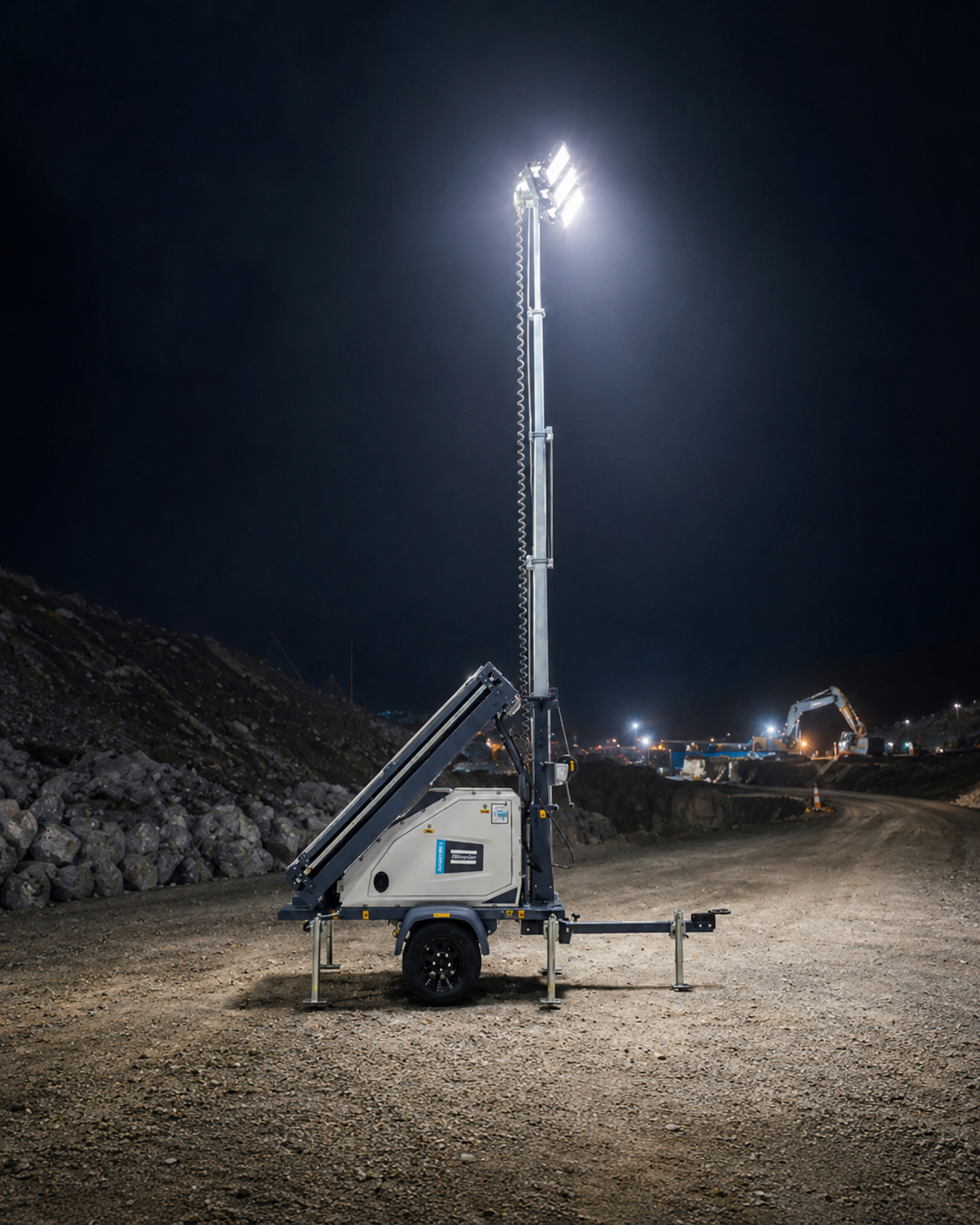Torre de iluminação solar Atlas Copco em operação